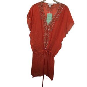 Elizabeth Hurley SWIM NEW NWT SILK Orange Coral Embroidered cover…